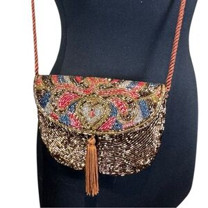 Vintage Neiman Marcus Hand Beaded Evening Crossbody Bag with Brown Tassel